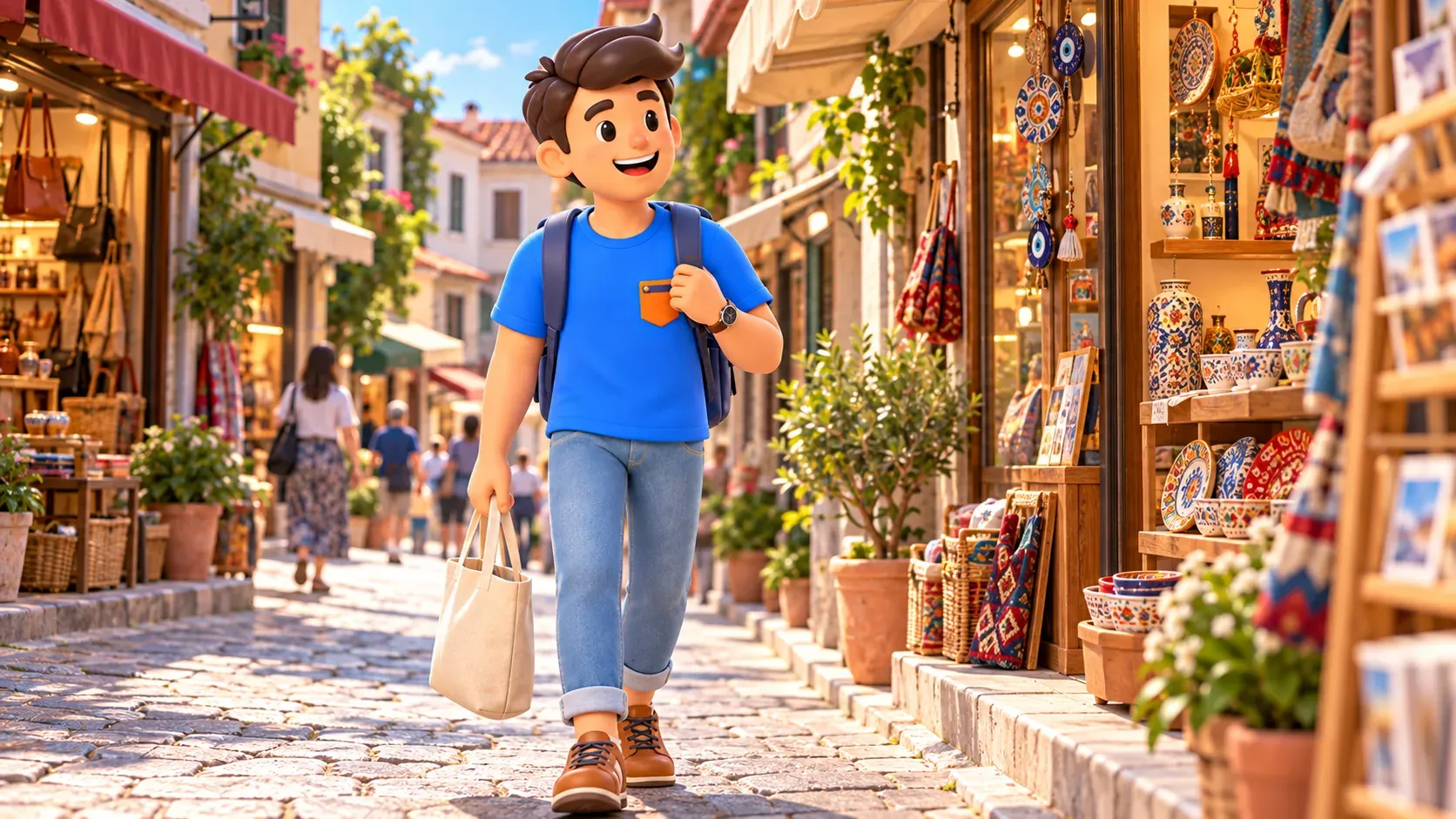 RoadMe character walking with a tote along a shopping street