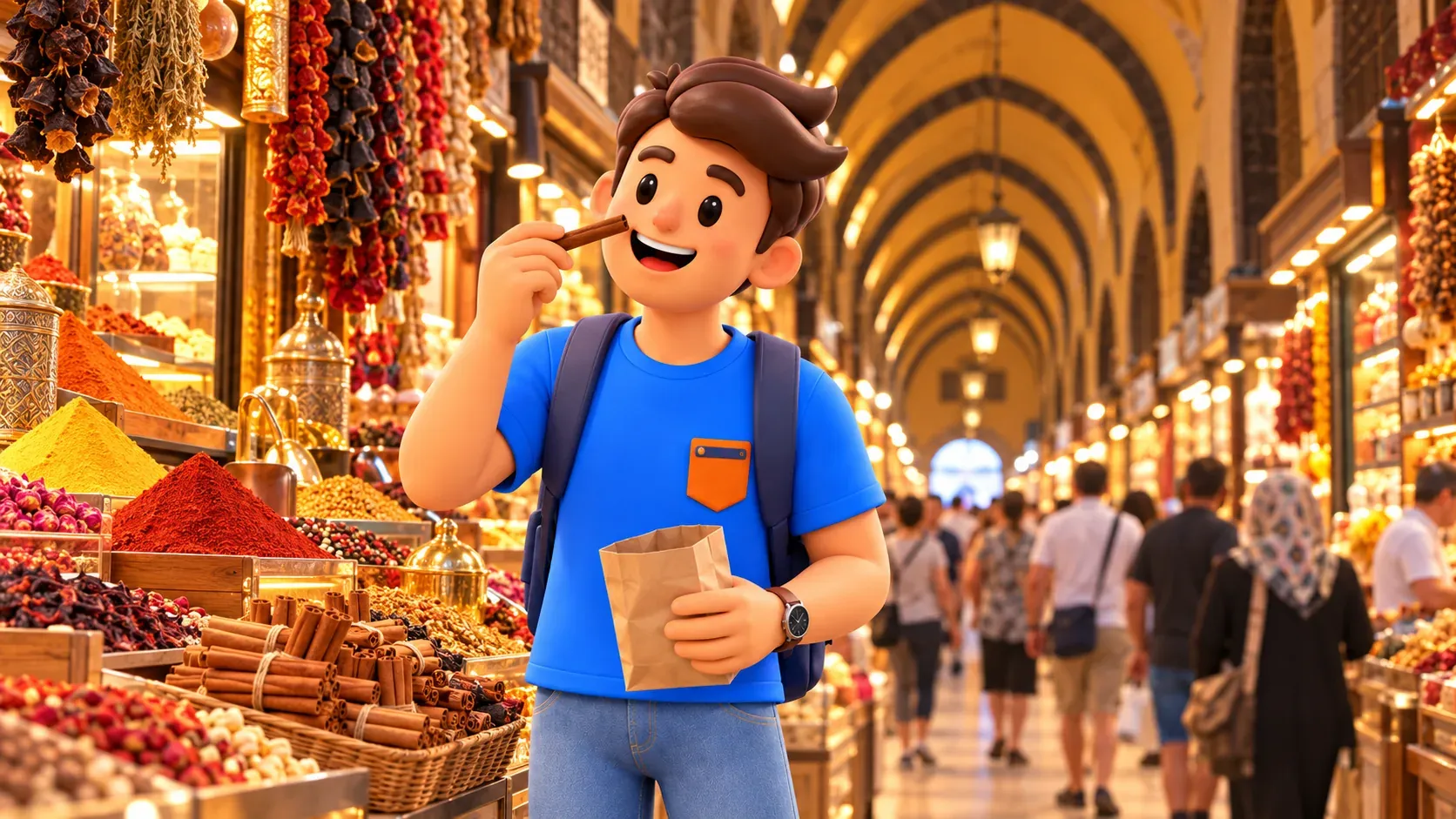 RoadMe character smelling cinnamon in the Spice Bazaar