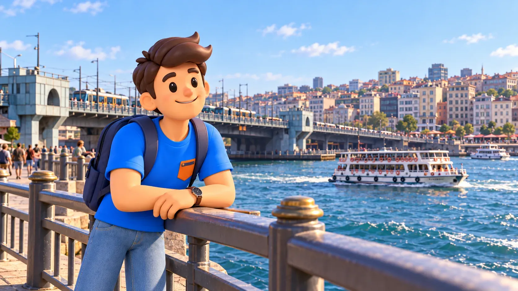 RoadMe character resting by the Golden Horn beside Galata Bridge