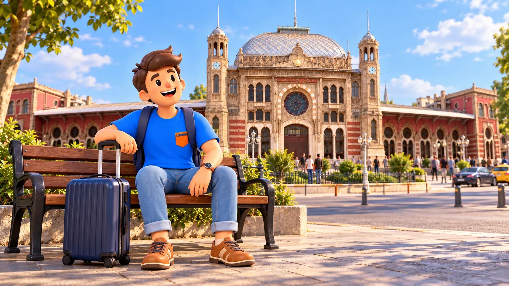 Le personnage RoadMe et sa valise devant la gare historique de Sirkeci