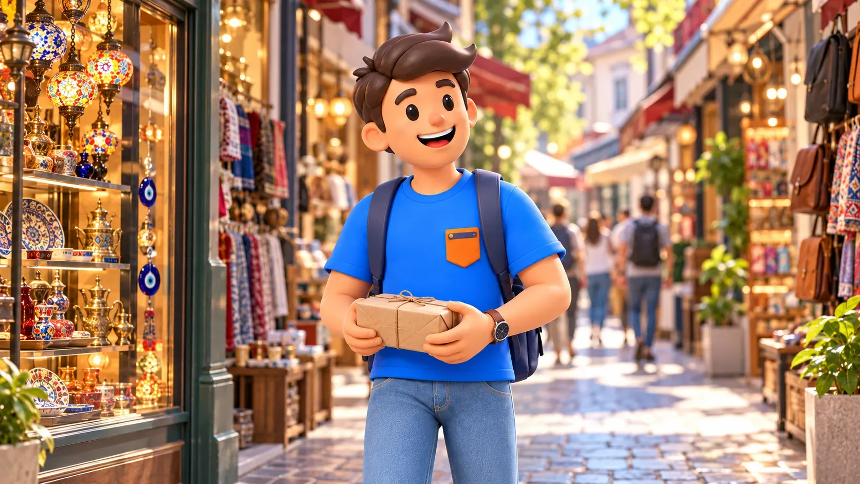 Le personnage RoadMe tient un petit colis dans une rue commerçante