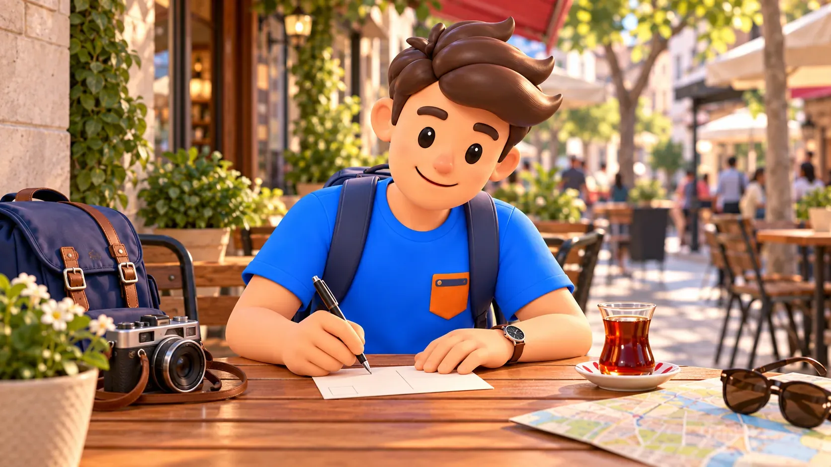 Le personnage RoadMe écrit une carte postale au café
