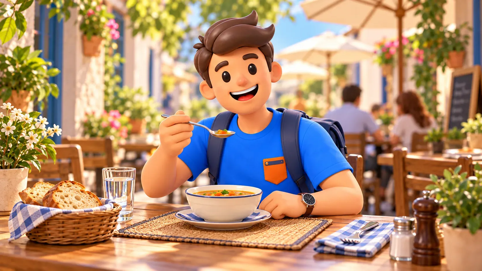 Die RoadMe-Figur bei einer Suppenpause im Café