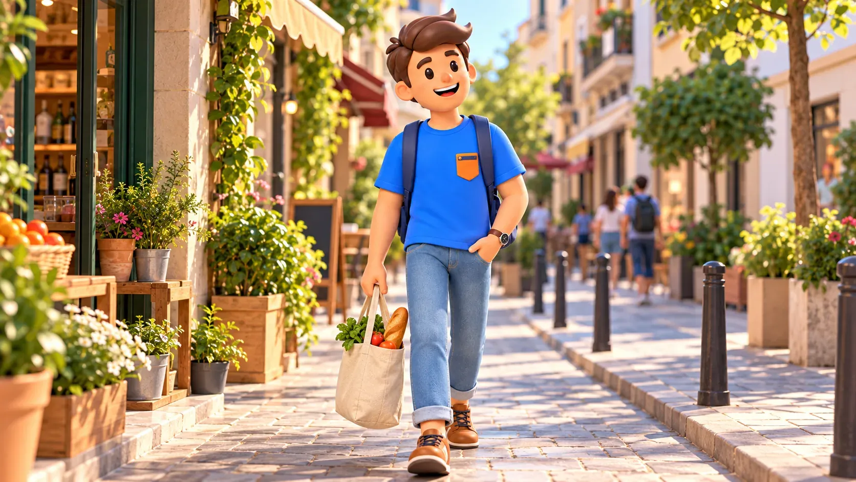 Le personnage RoadMe marche avec un sac dans une rue de quartier
