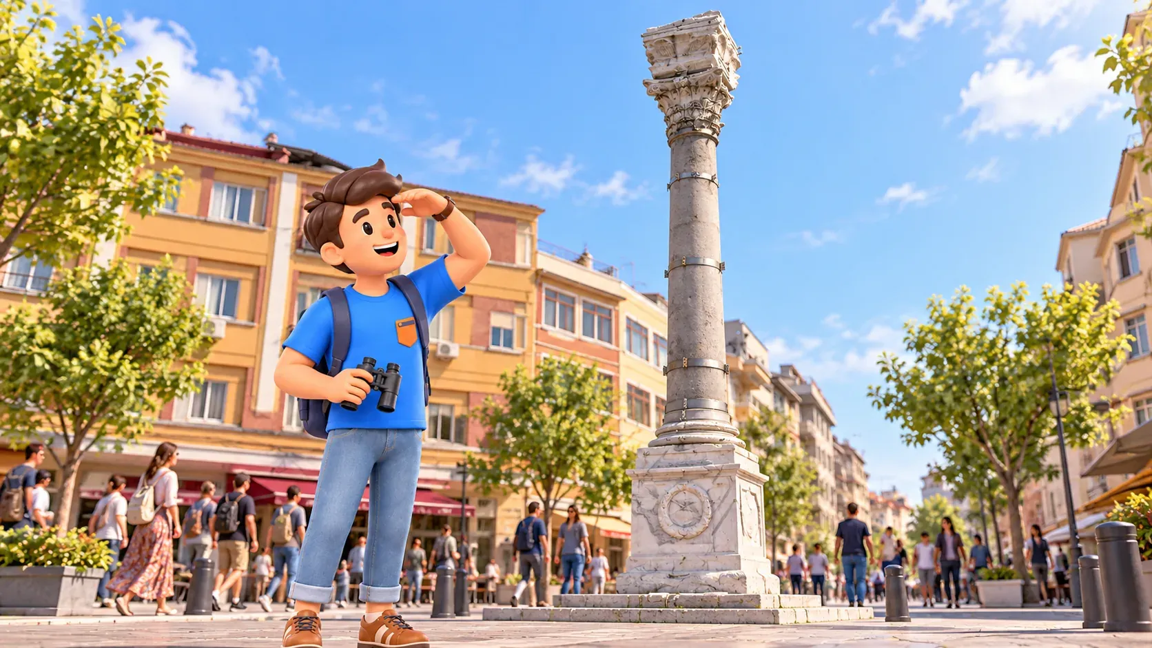 Le personnage RoadMe regarde la colonne de Marcien parmi les immeubles