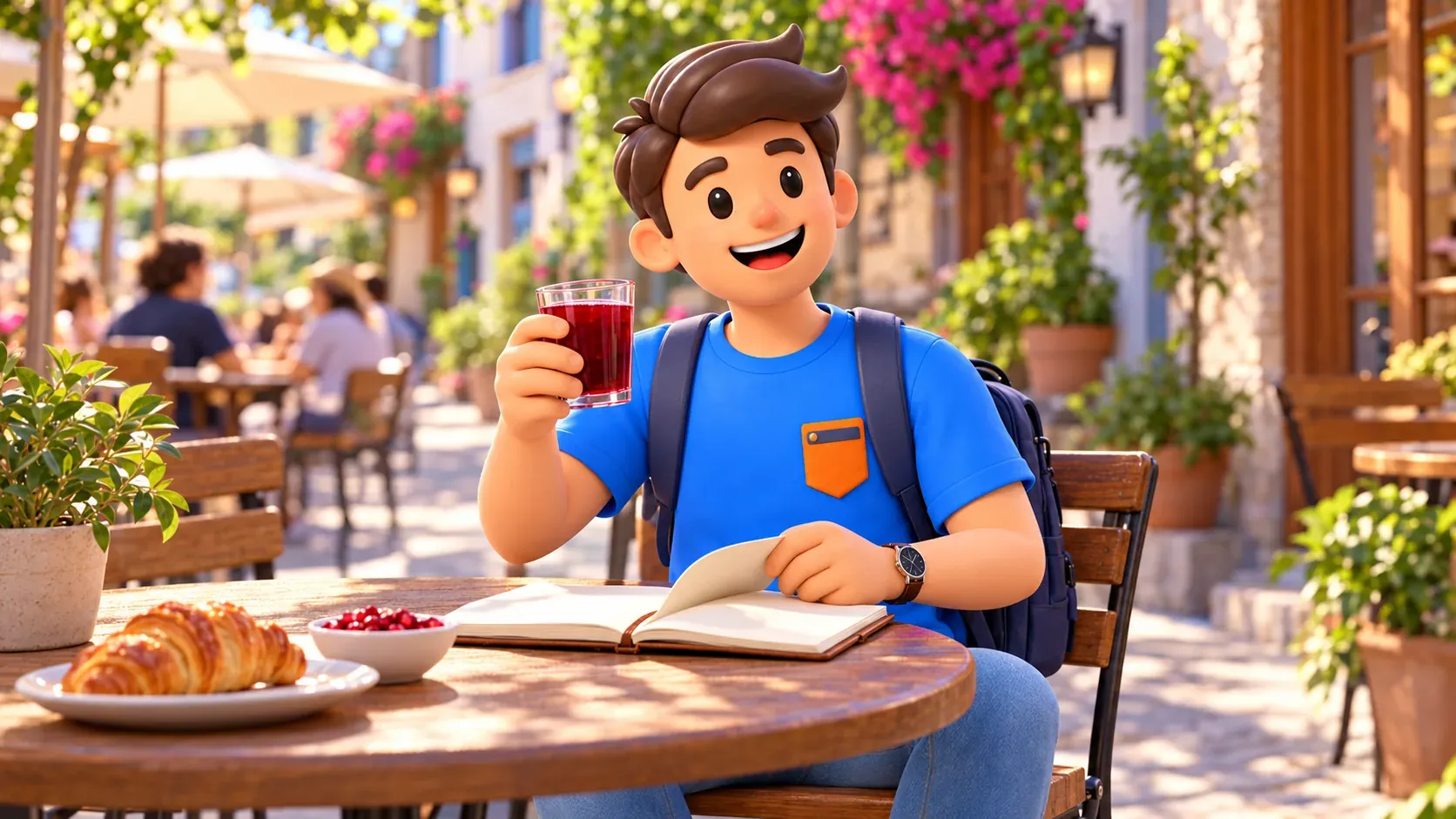 Le personnage RoadMe avec un jus de grenade et un carnet au café