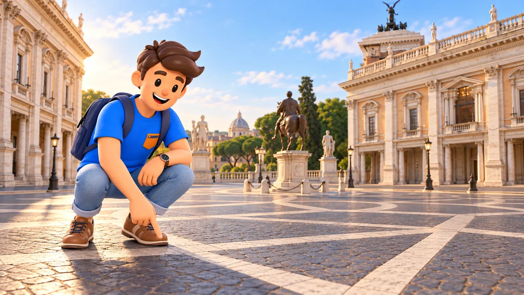 Un viajero se agacha para observar el pavimento de Piazza del Campidoglio