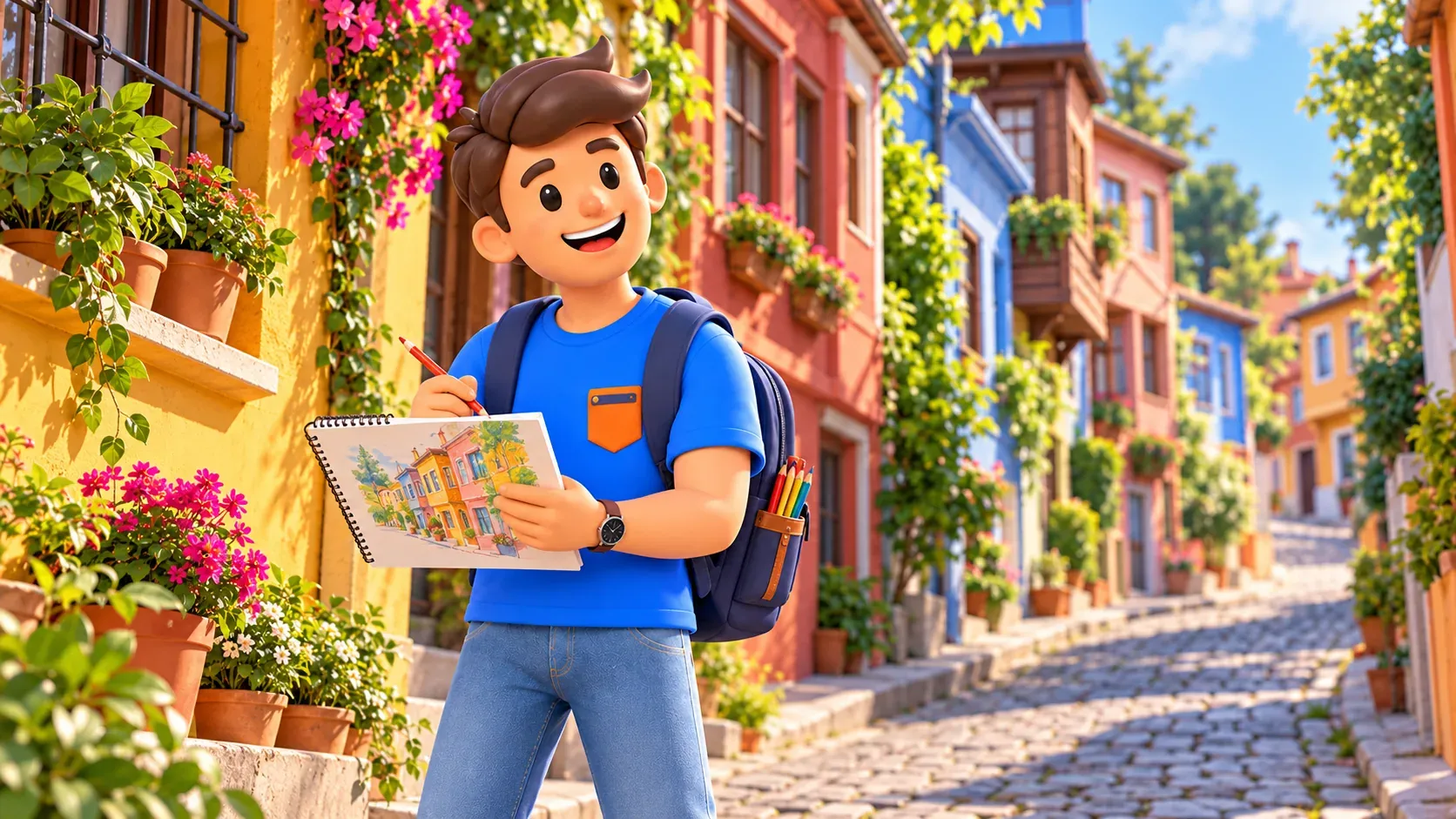 El personaje de RoadMe dibuja fachadas residenciales de colores