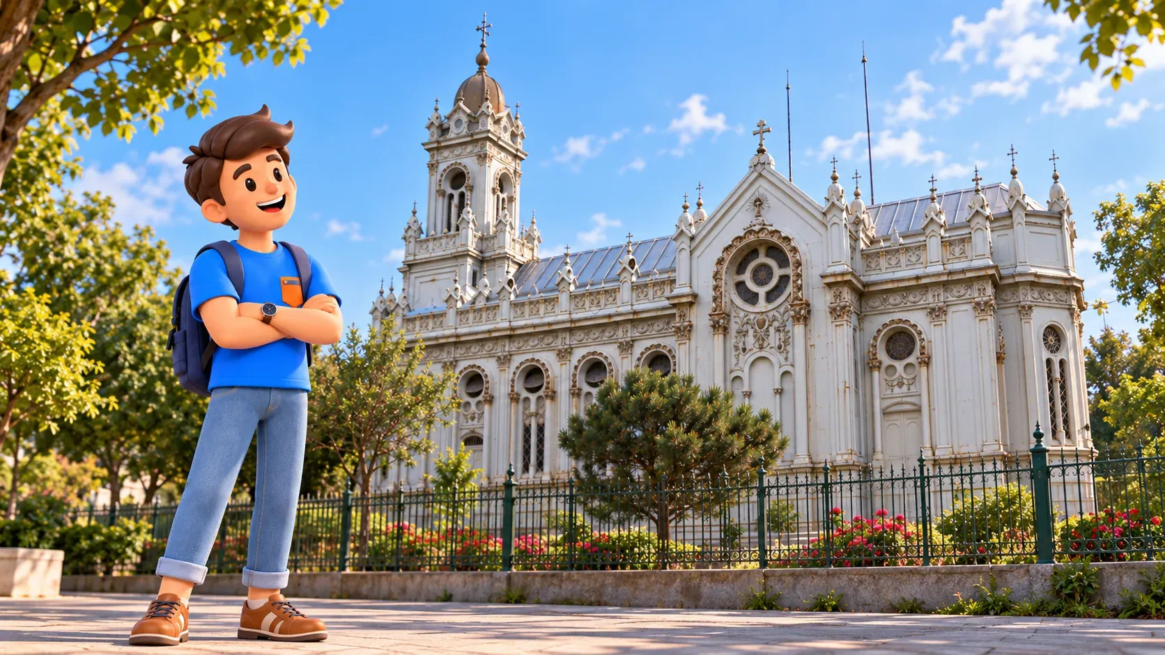 El personaje de RoadMe contempla la Iglesia de Hierro con los brazos cruzados