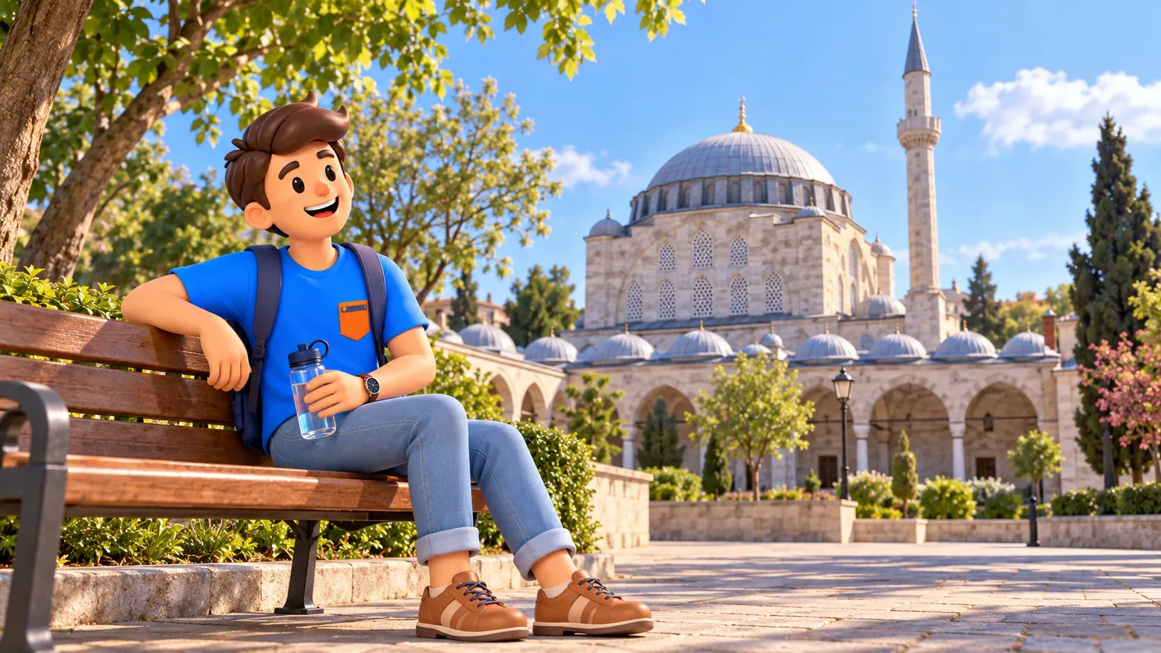 Die RoadMe-Figur ruht auf einer Bank bei Mihrimah Sultan in Edirnekapı