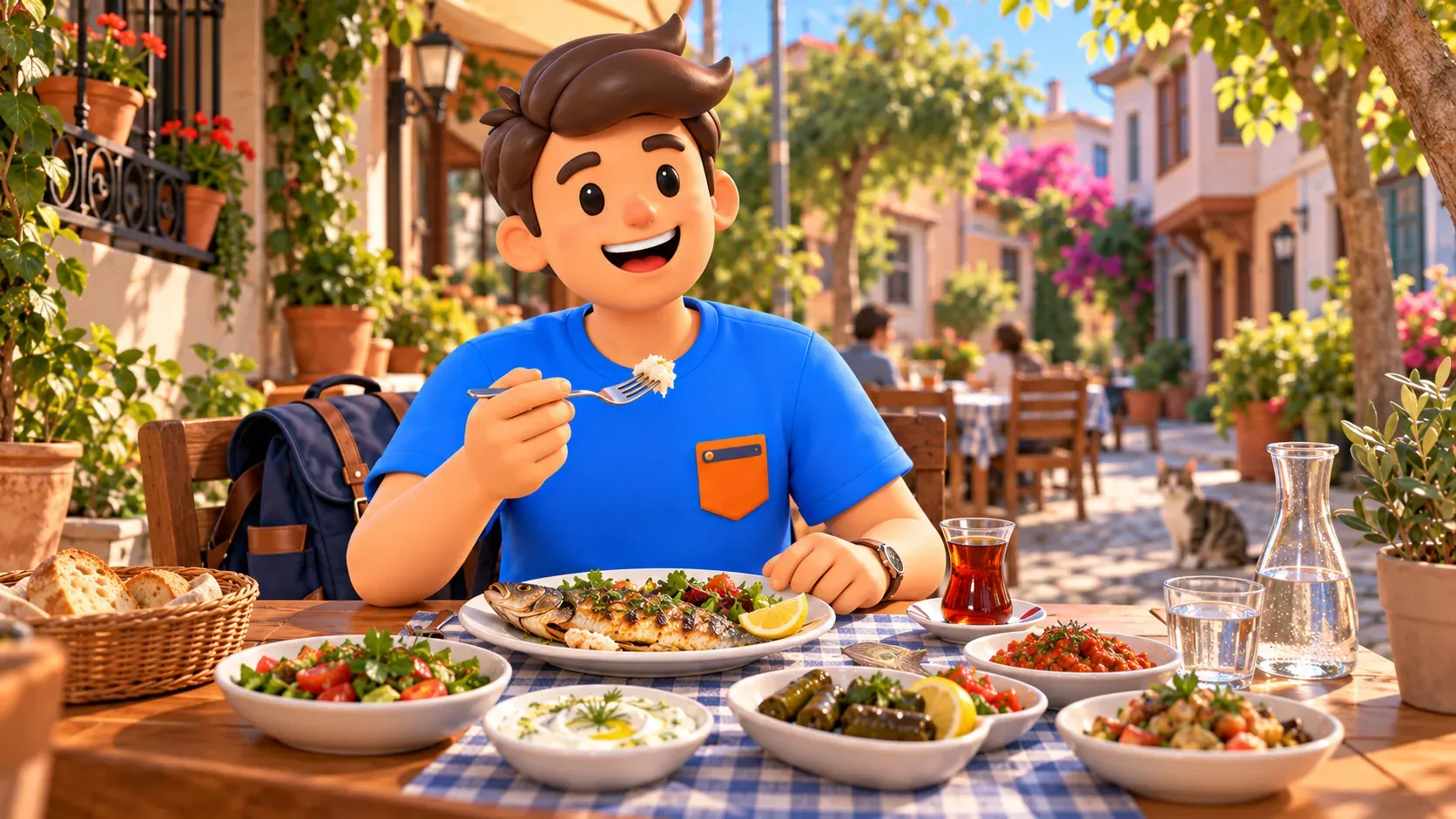 Die RoadMe-Figur beim Essen mit Fisch und Meze in Samatya