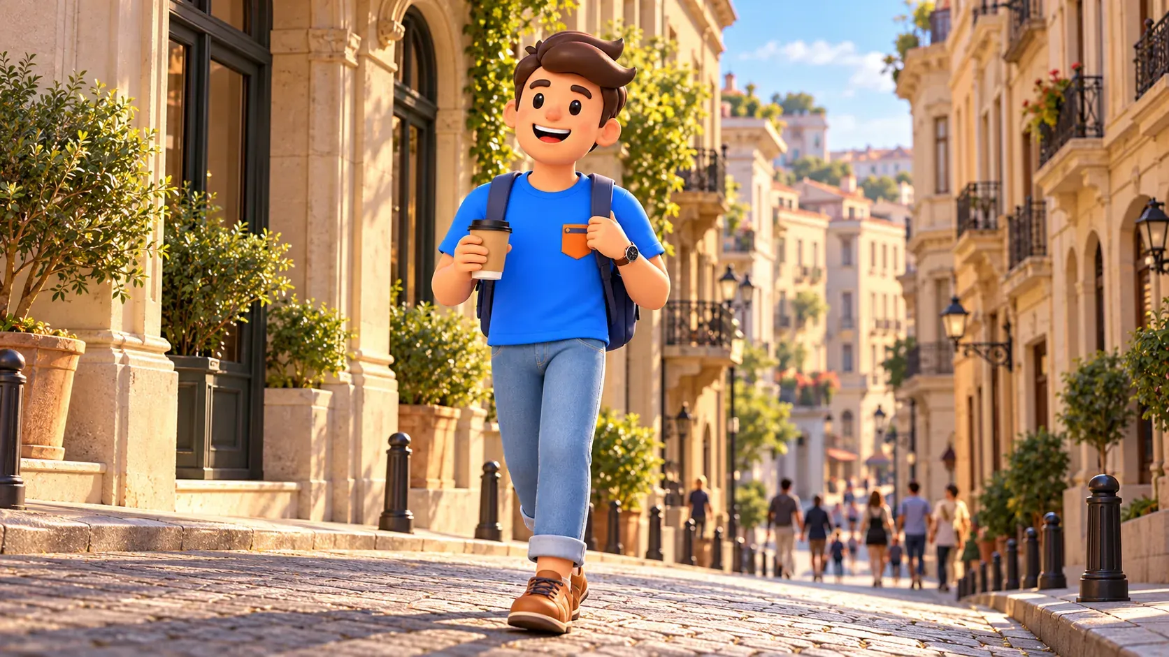 El personaje de RoadMe con café en una calle con pendiente de Galata