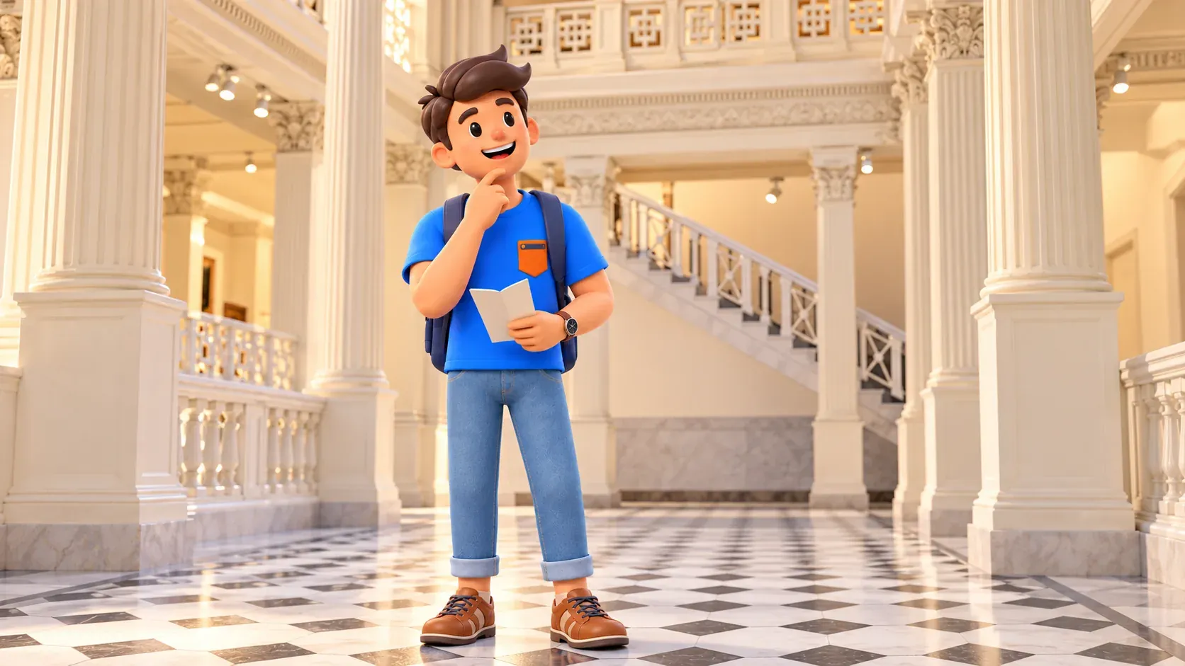 El personaje de RoadMe con un folleto en el interior de columnas de Salt Galata