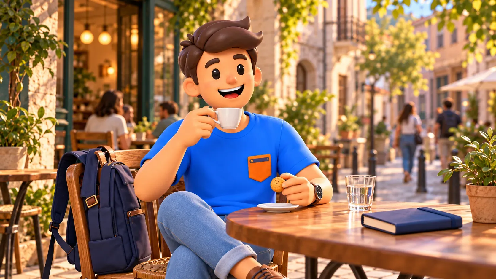 El personaje de RoadMe toma café con una galleta en Karaköy