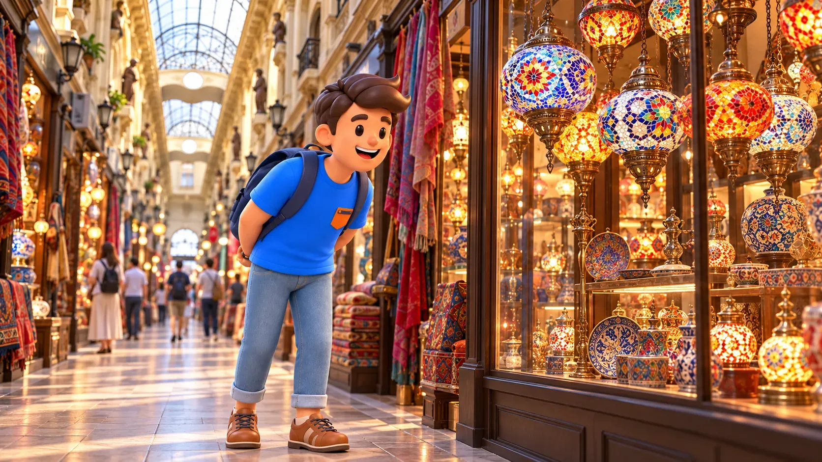 RoadMe character looking at a lamp display in Avrupa Passage