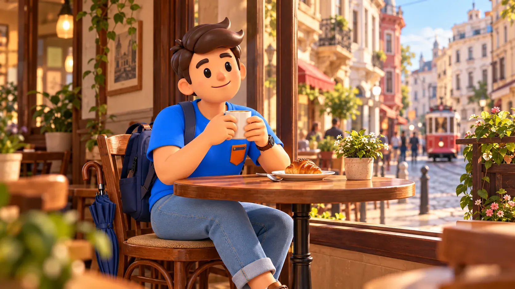 RoadMe character resting with a hot drink in a Beyoğlu cafe