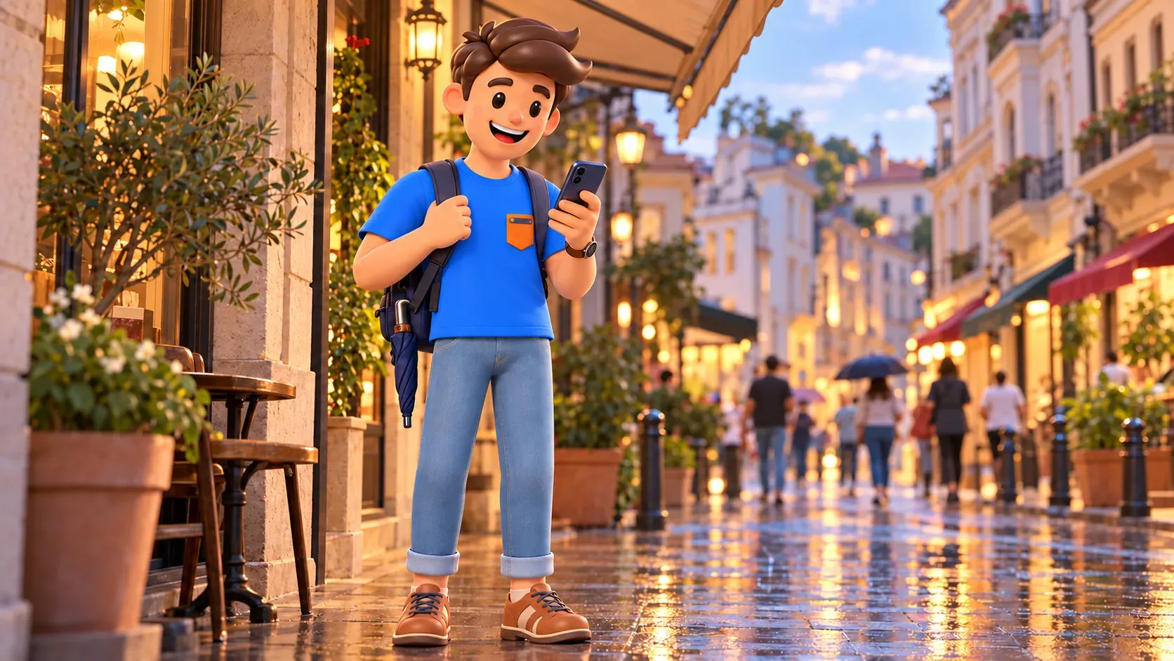RoadMe character checking a phone under an awning after rain