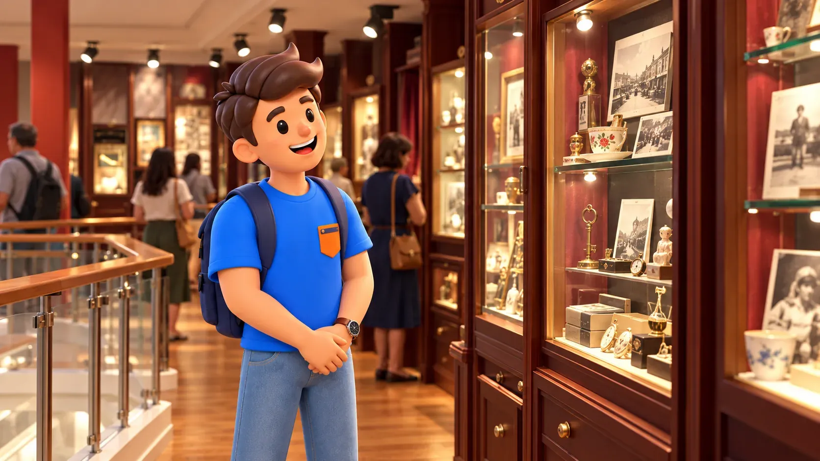 El personaje de RoadMe observa vitrinas en una escena artística del museo