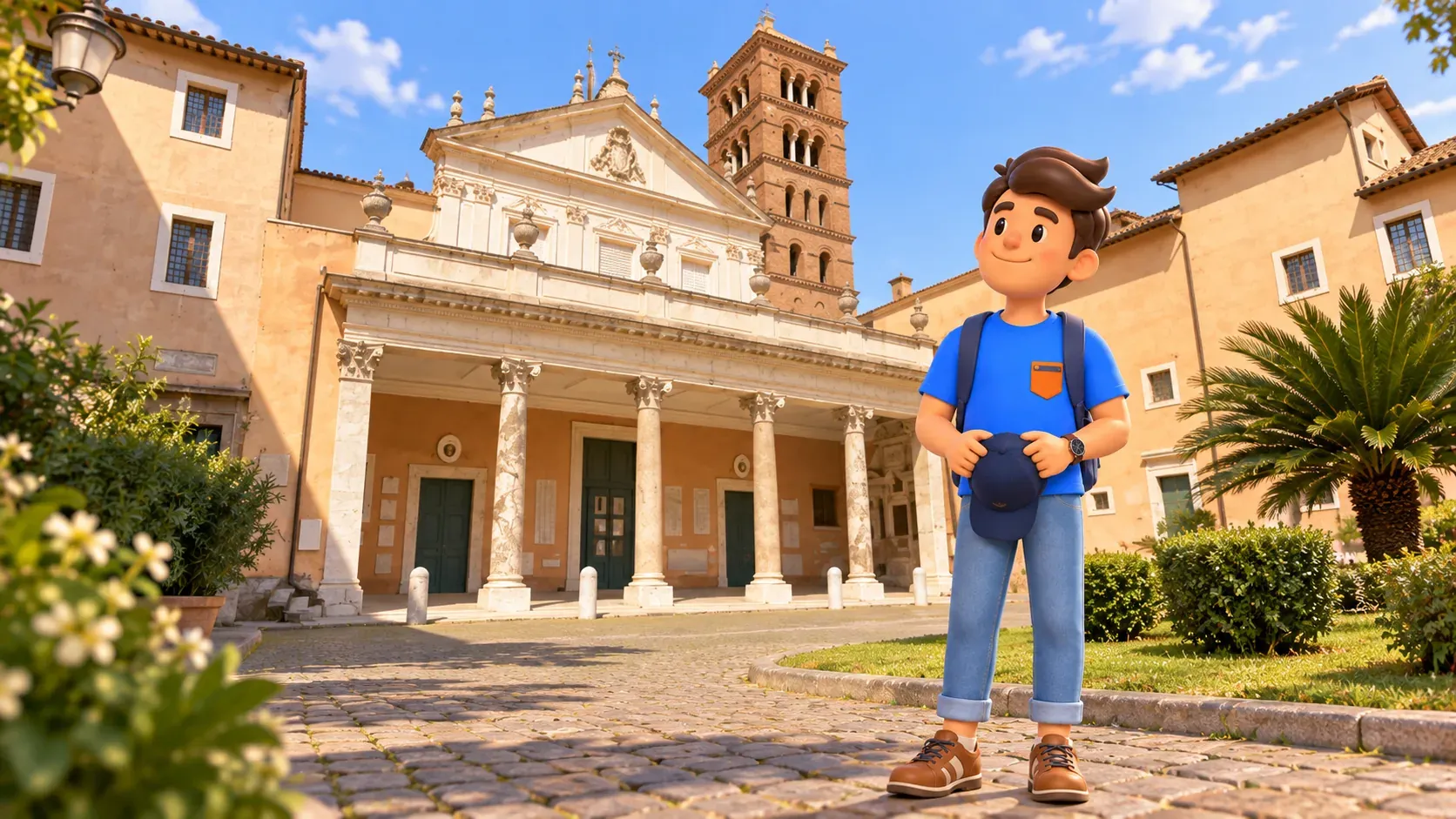 A traveller holding his removed cap outside Santa Cecilia