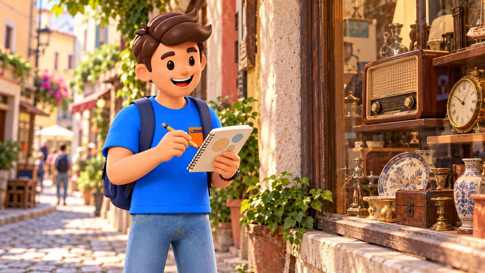 El personaje de RoadMe con cuaderno ante un escaparate de Çukurcuma