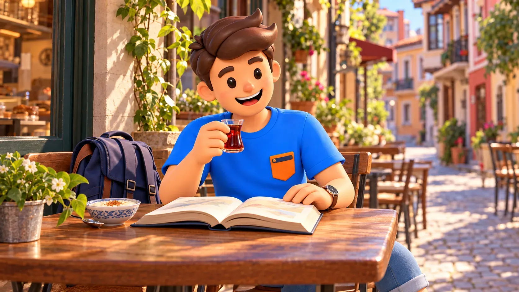El personaje de RoadMe con libro y té en un café de Çukurcuma
