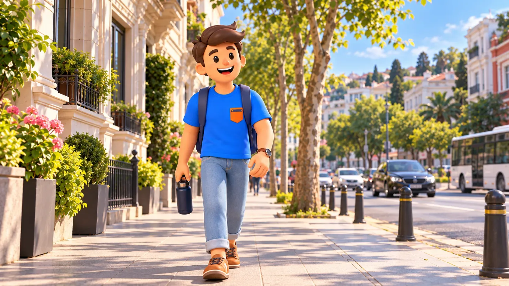 El personaje de RoadMe camina con agua por una acera urbana