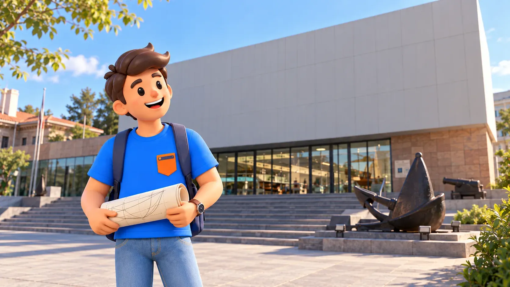 El personaje de RoadMe con un dibujo de casco ante el Museo Naval