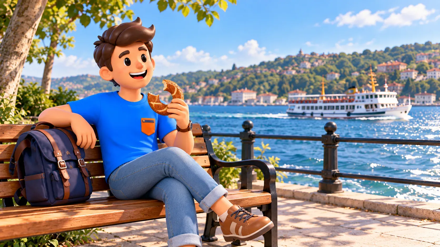 El personaje de RoadMe descansa con simit junto al Bósforo