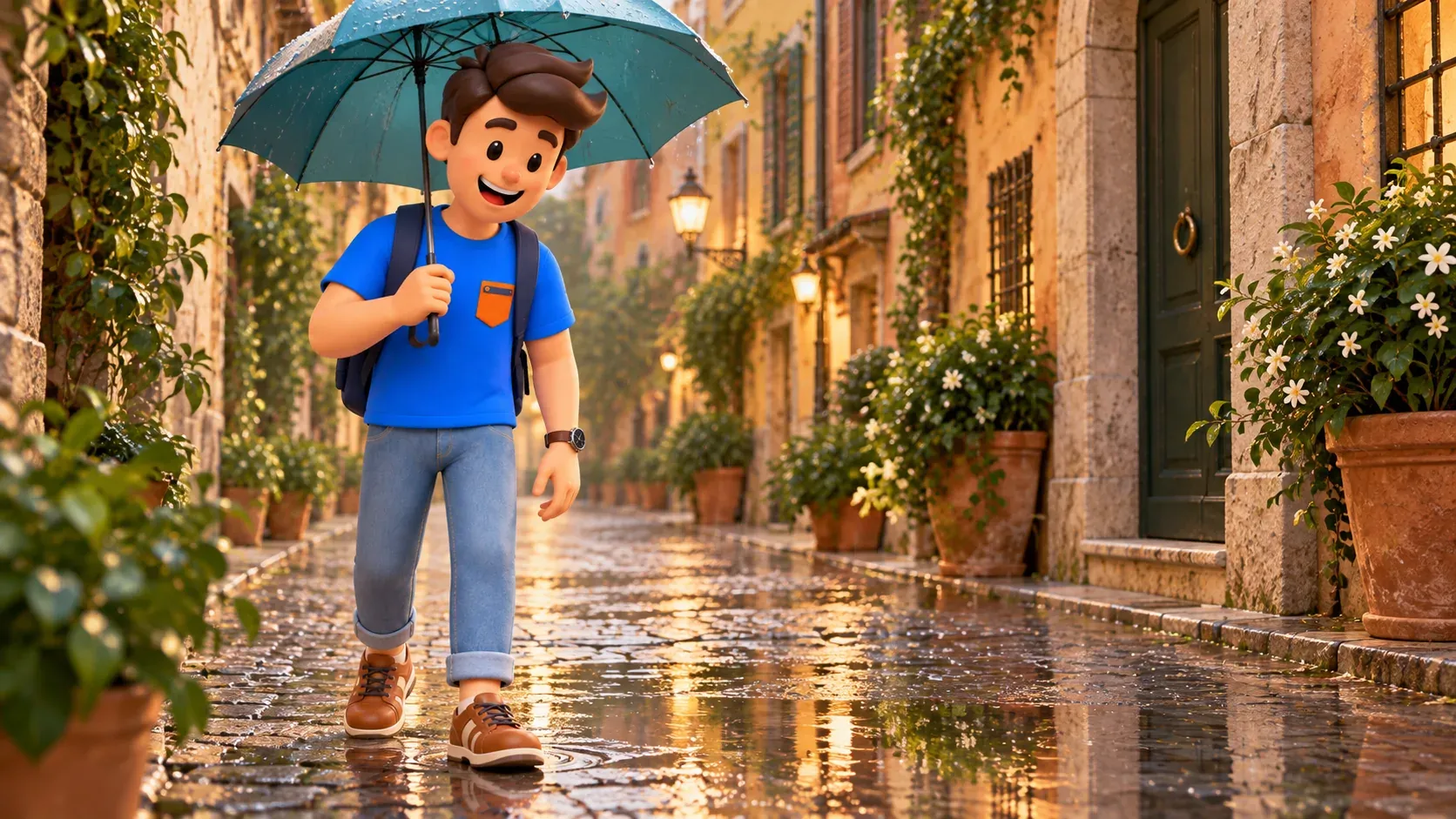 A traveller under an umbrella notices reflections on wet paving