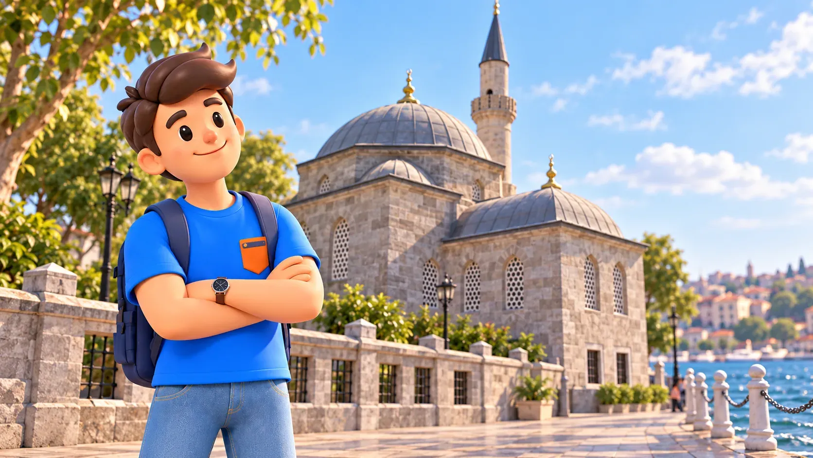 RoadMe character with folded arms near Şemsi Pasha Mosque