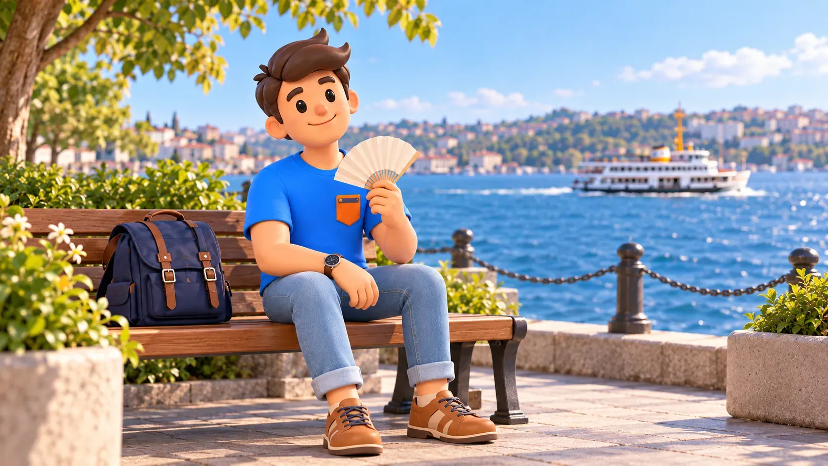 RoadMe character resting with a folding fan beside the Bosphorus