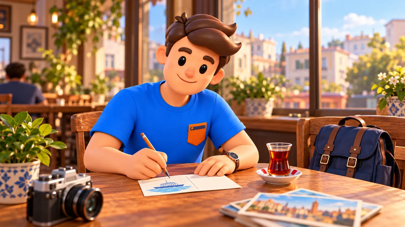 RoadMe character drawing a ferry postcard over tea