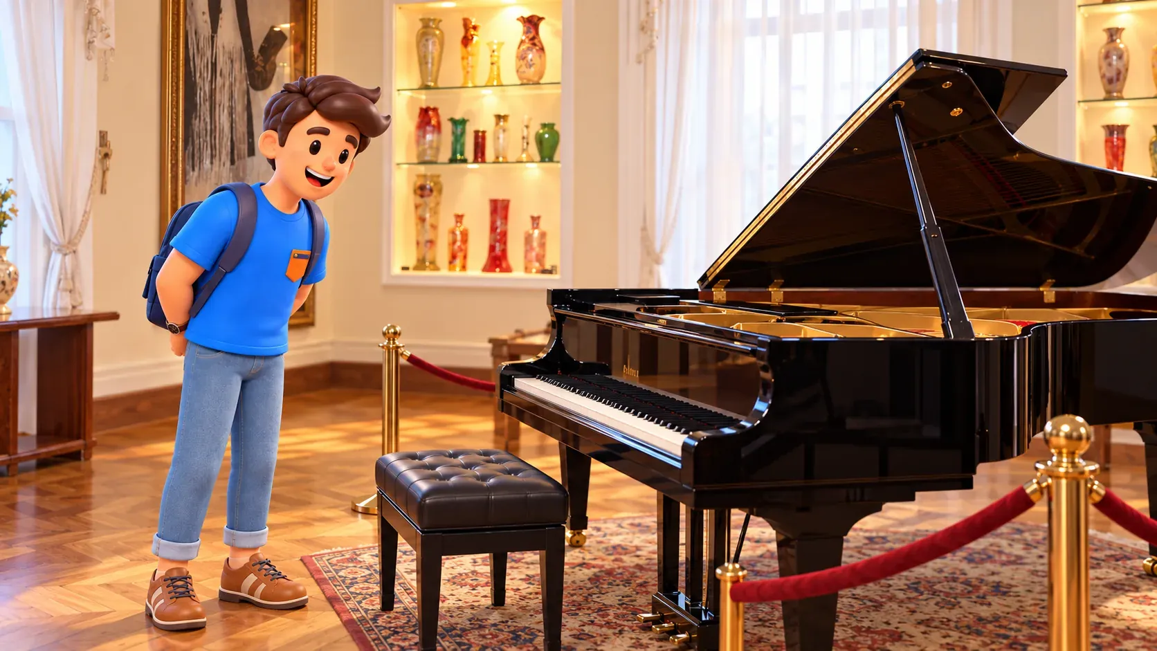 Le personnage RoadMe observe un piano à queue dans une salle du musée
