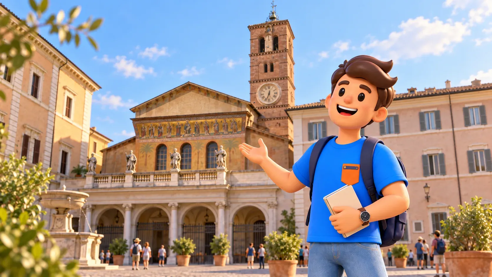 A traveller with a small booklet admires the façade of Santa Maria in Trastevere