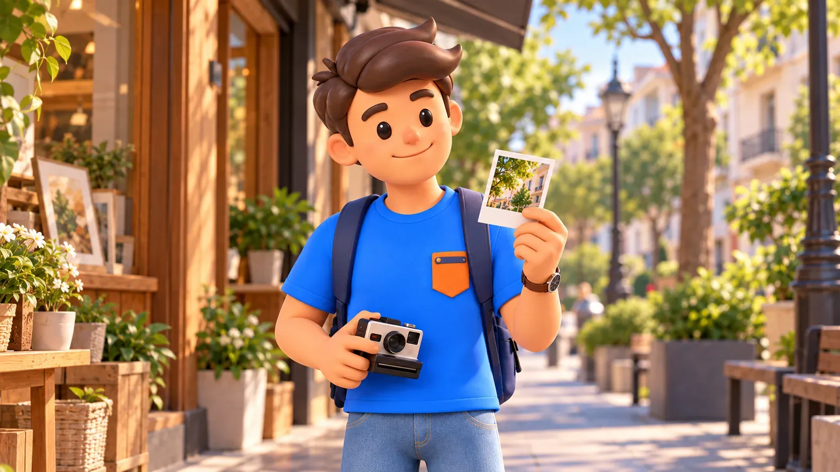 Le personnage RoadMe avec un appareil instantané et une photo de rue