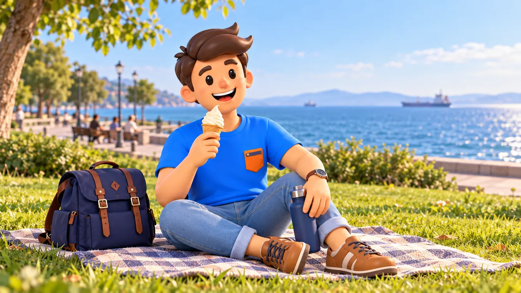 Le personnage RoadMe se repose avec une glace au bord de la mer de Marmara