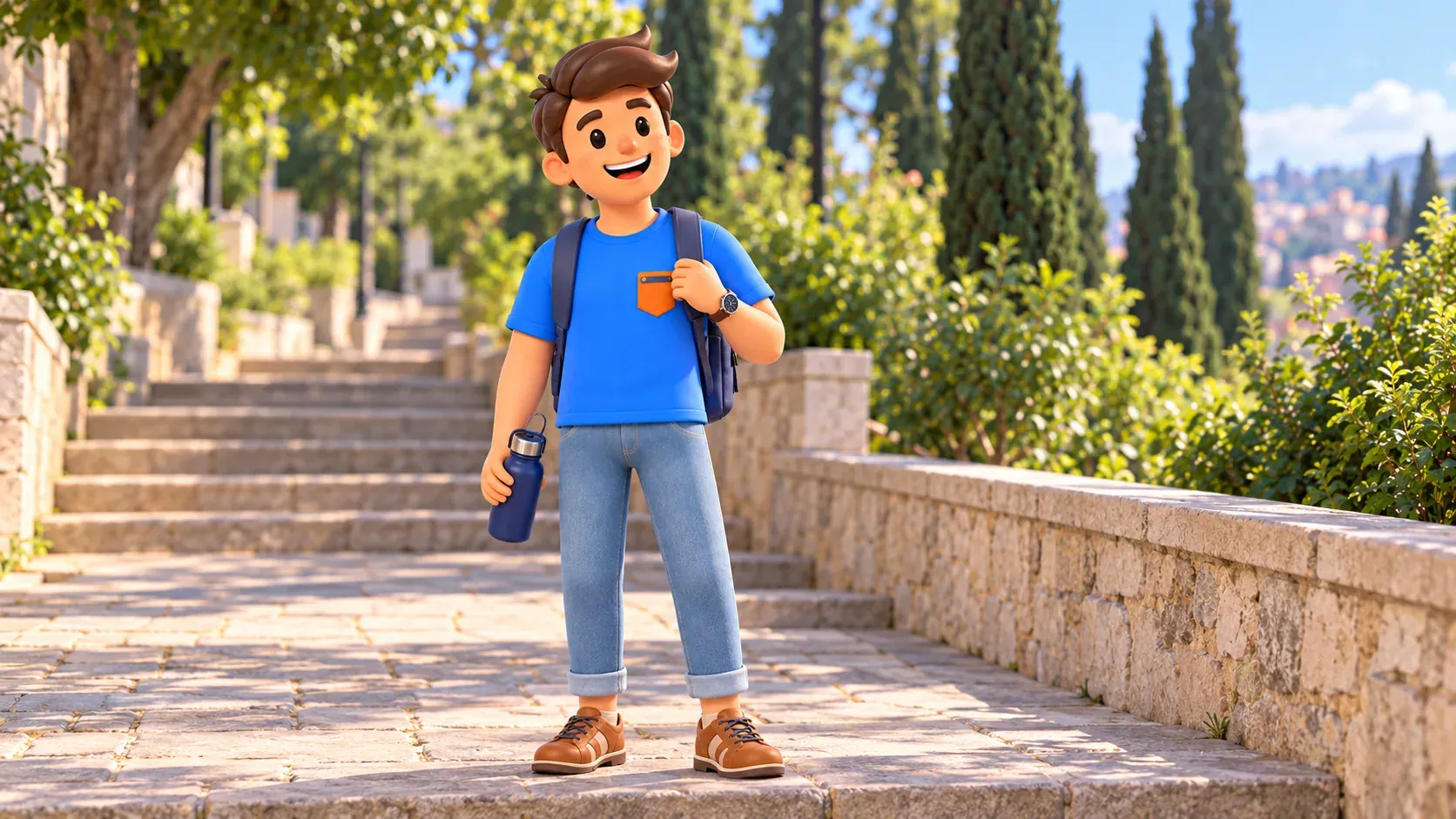 RoadMe character pausing with water on a stepped hillside path