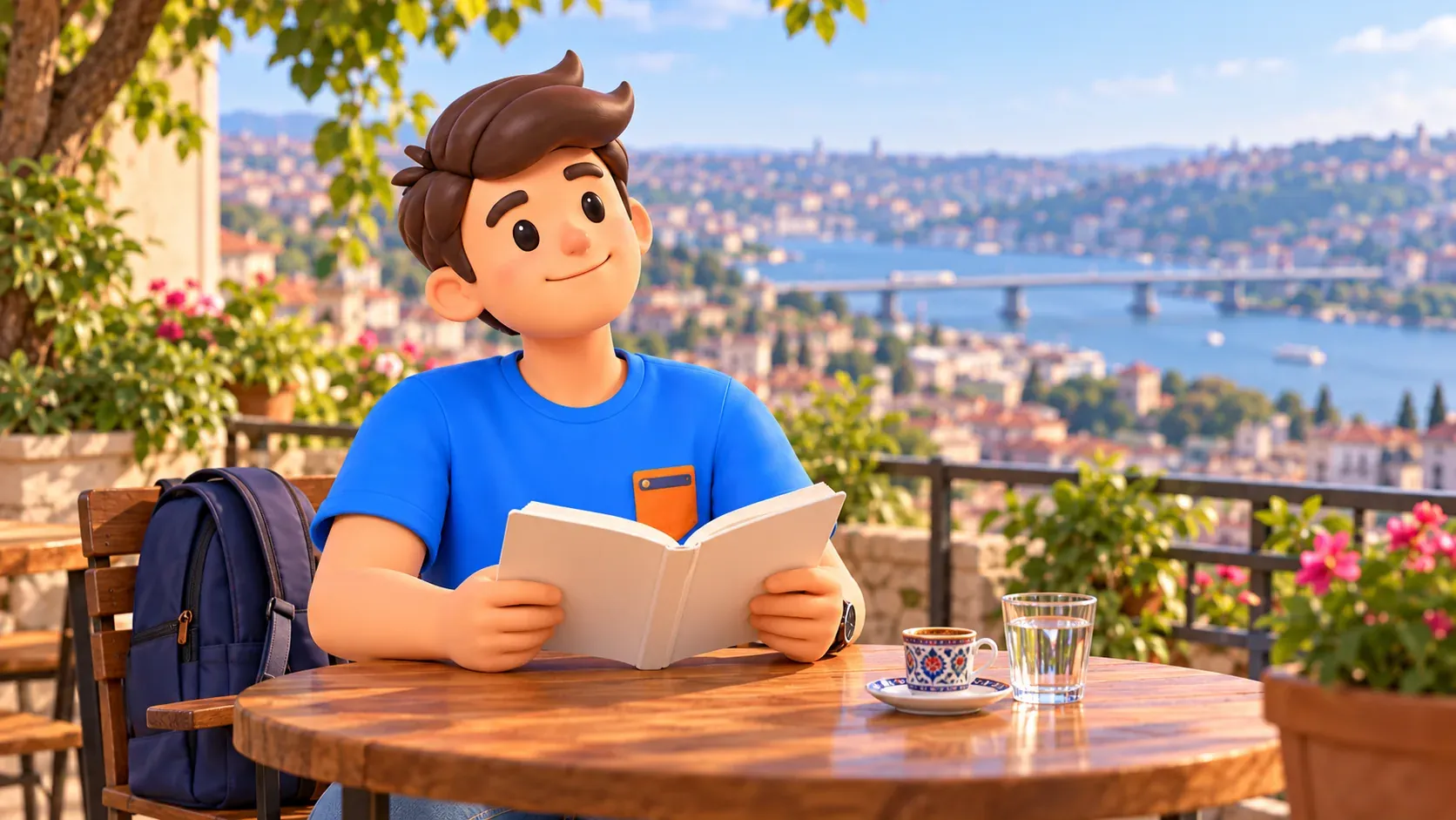 RoadMe character with a book and coffee overlooking an urban inlet