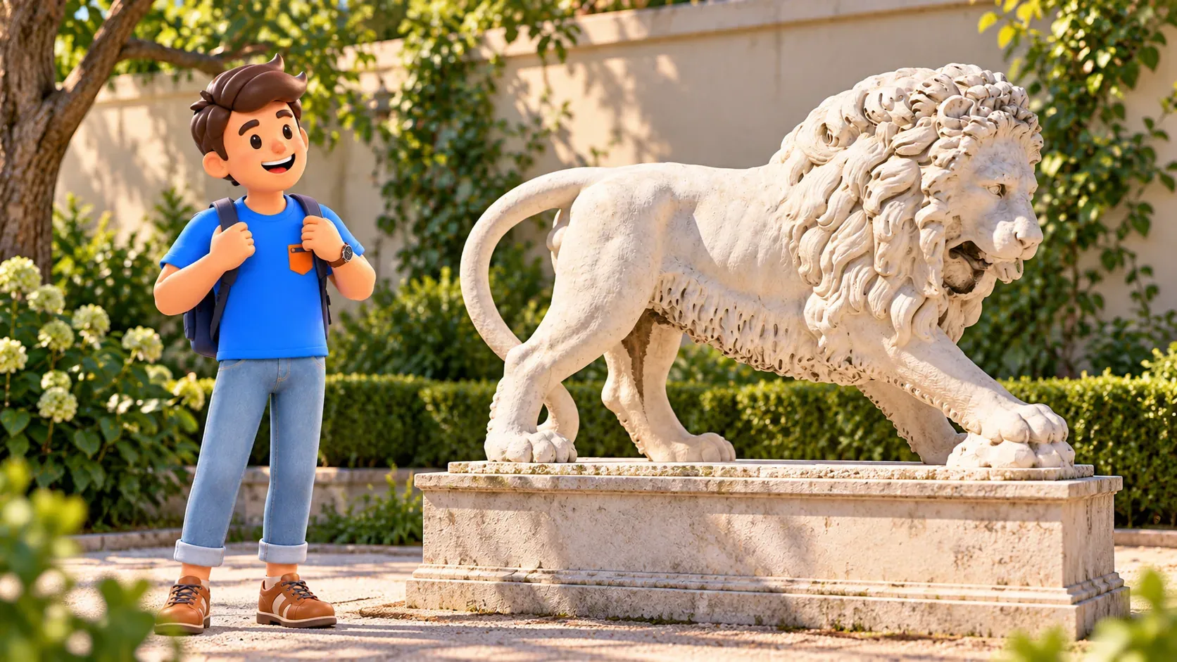 RoadMe character looking at a white stone lion statue