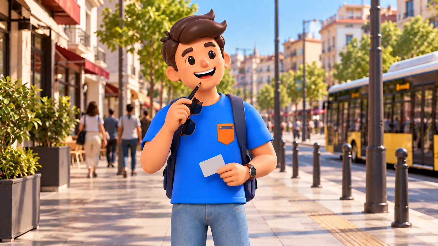 RoadMe character holding a blank transport card and sunglasses on a pavement
