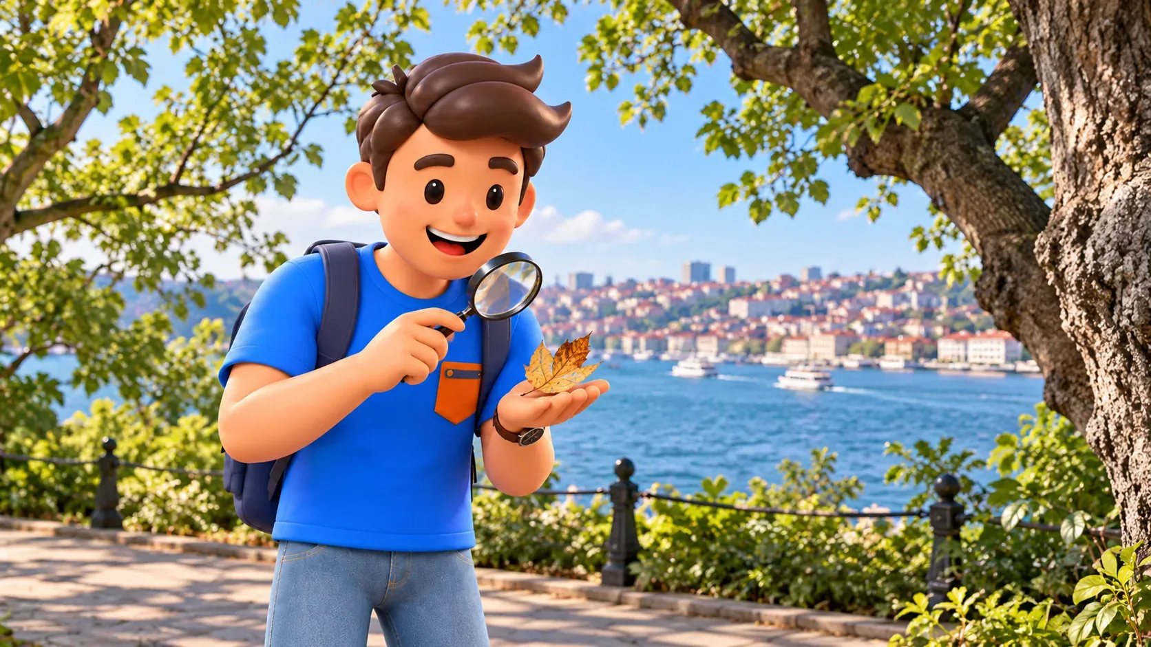 RoadMe character examining a fallen leaf with a magnifying glass in a grove