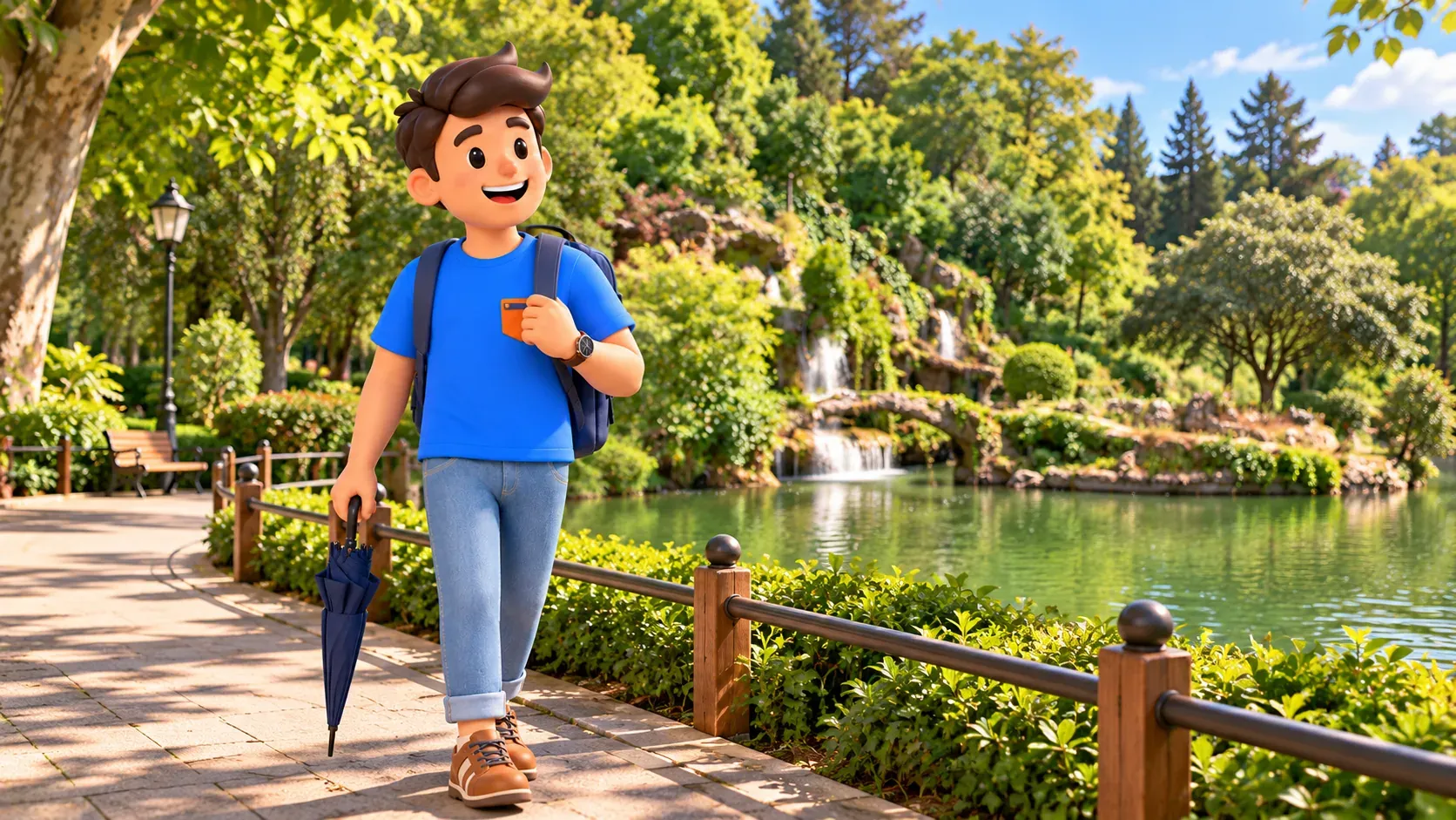 RoadMe character with a closed umbrella beside a pond in Emirgan Park