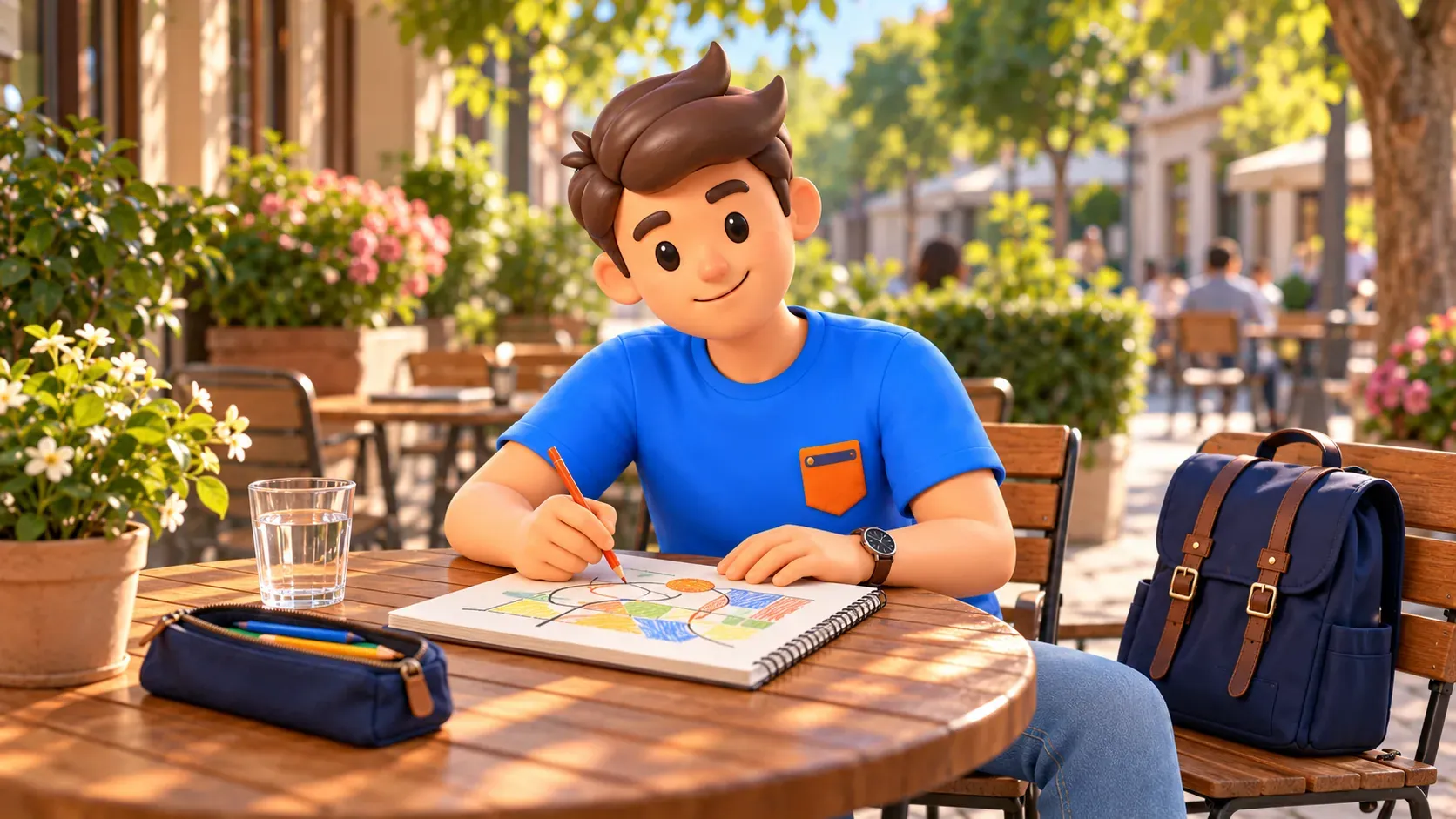 RoadMe character drawing with coloured pencils at a café table