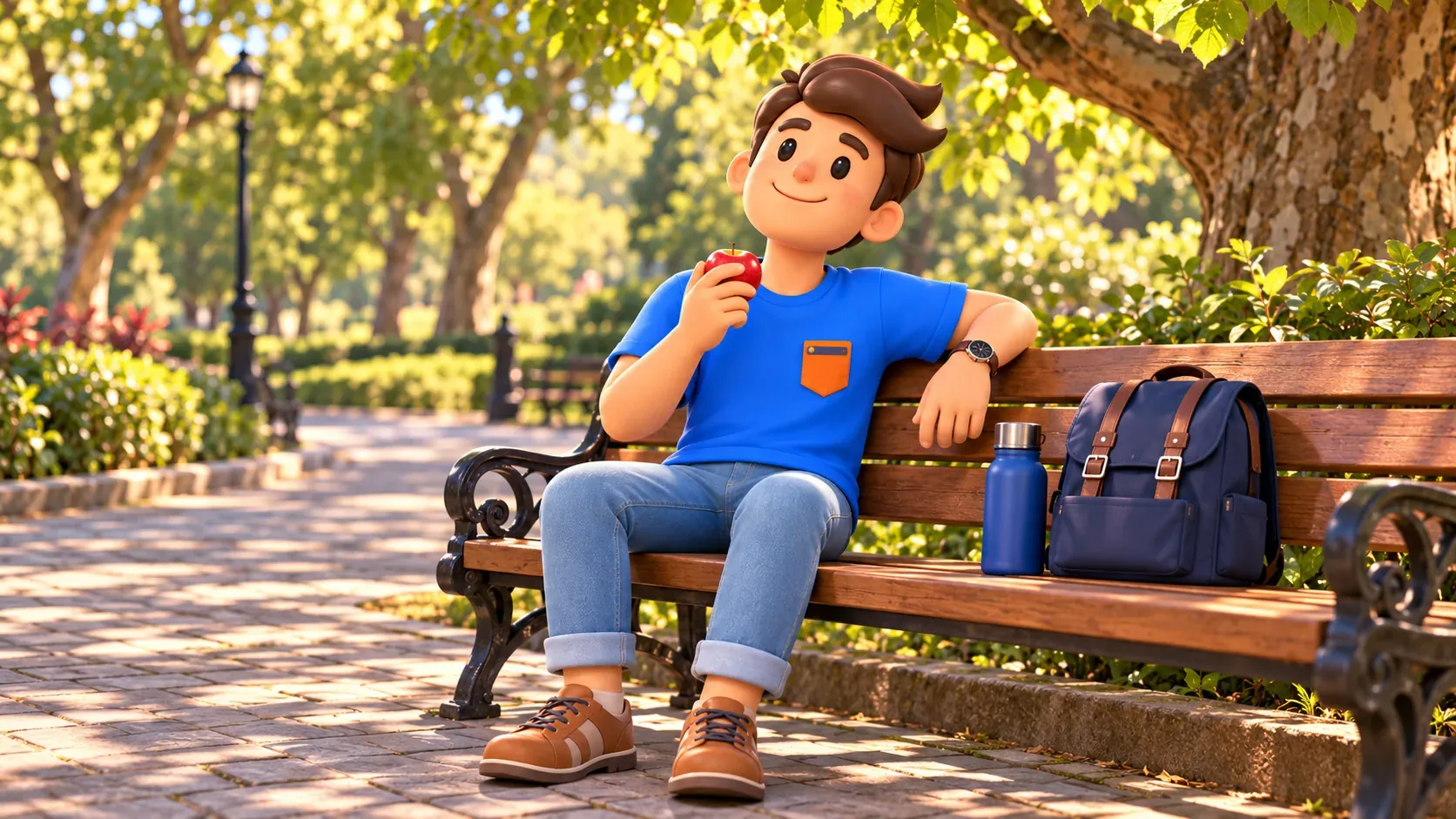 RoadMe character resting with an apple on a bench under trees