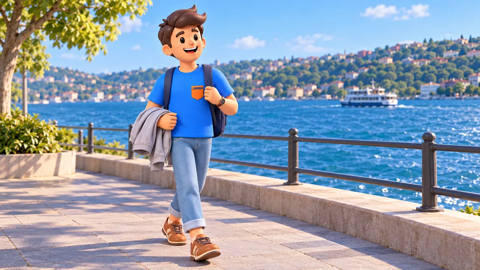 Die RoadMe-Figur trägt eine Jacke beim Spaziergang am Bosporus