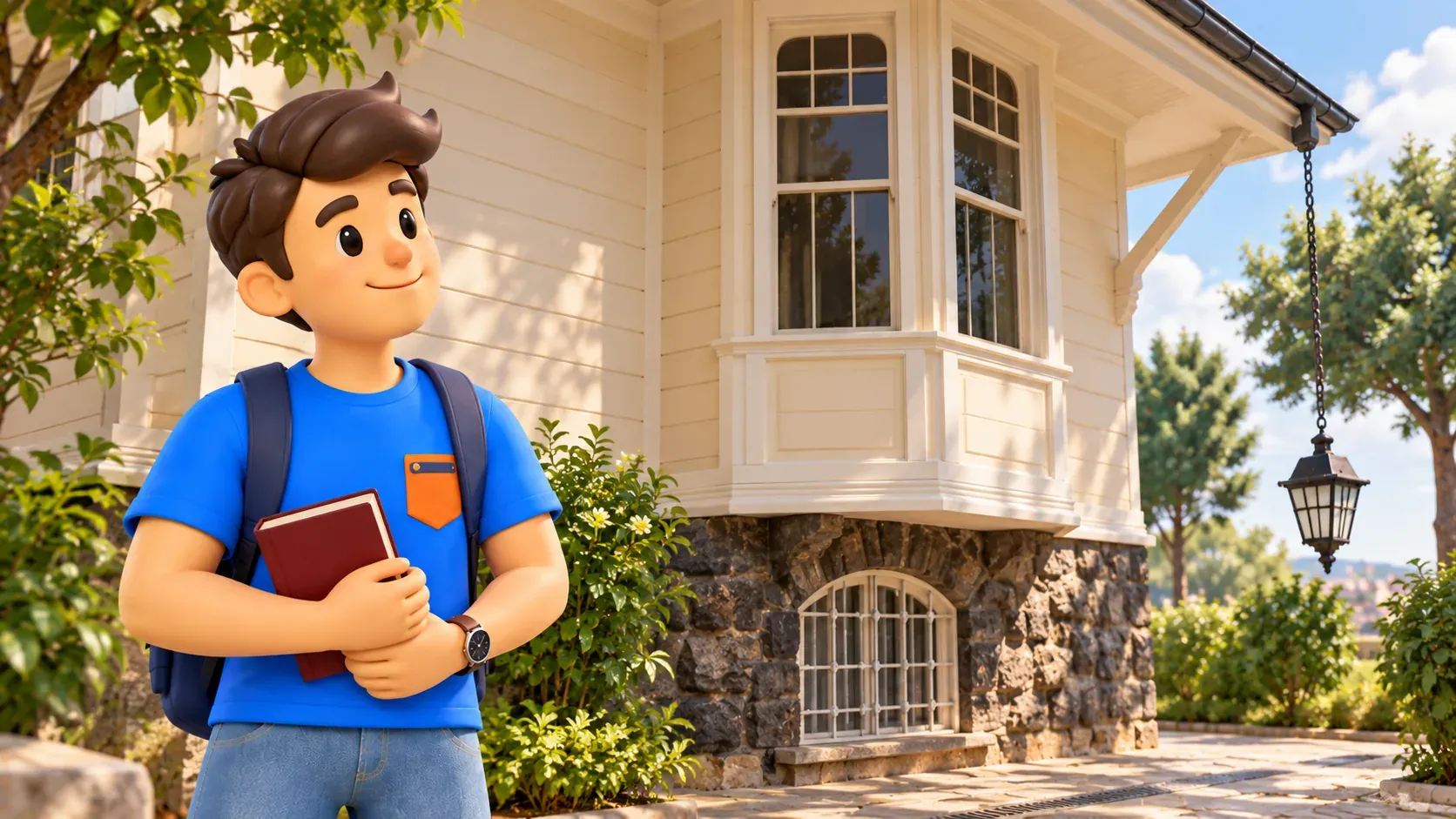 Die RoadMe-Figur hält ein Buch vor dem Aşiyan-Haus