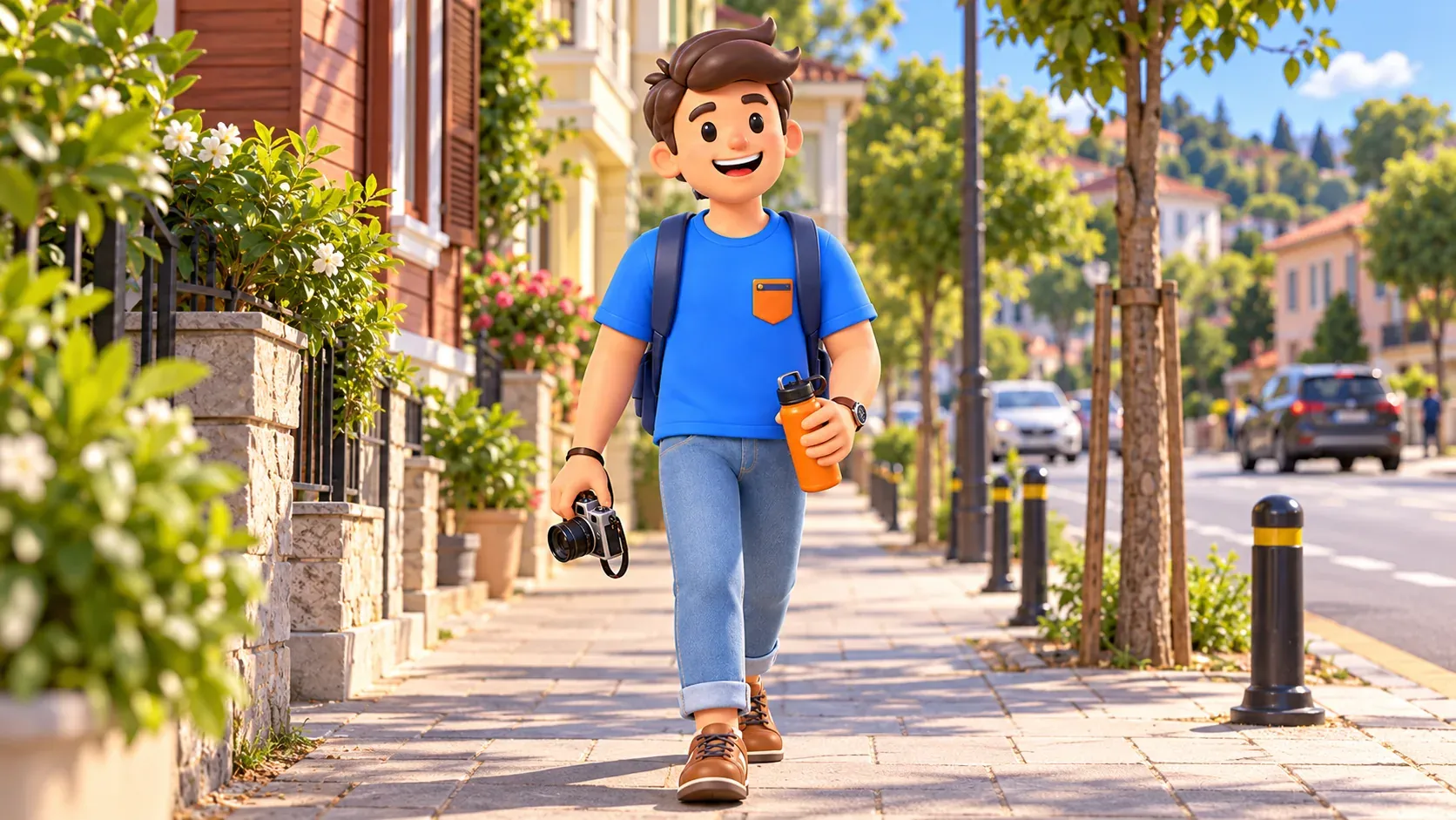 El personaje de RoadMe camina por una acera con cámara y botella de agua