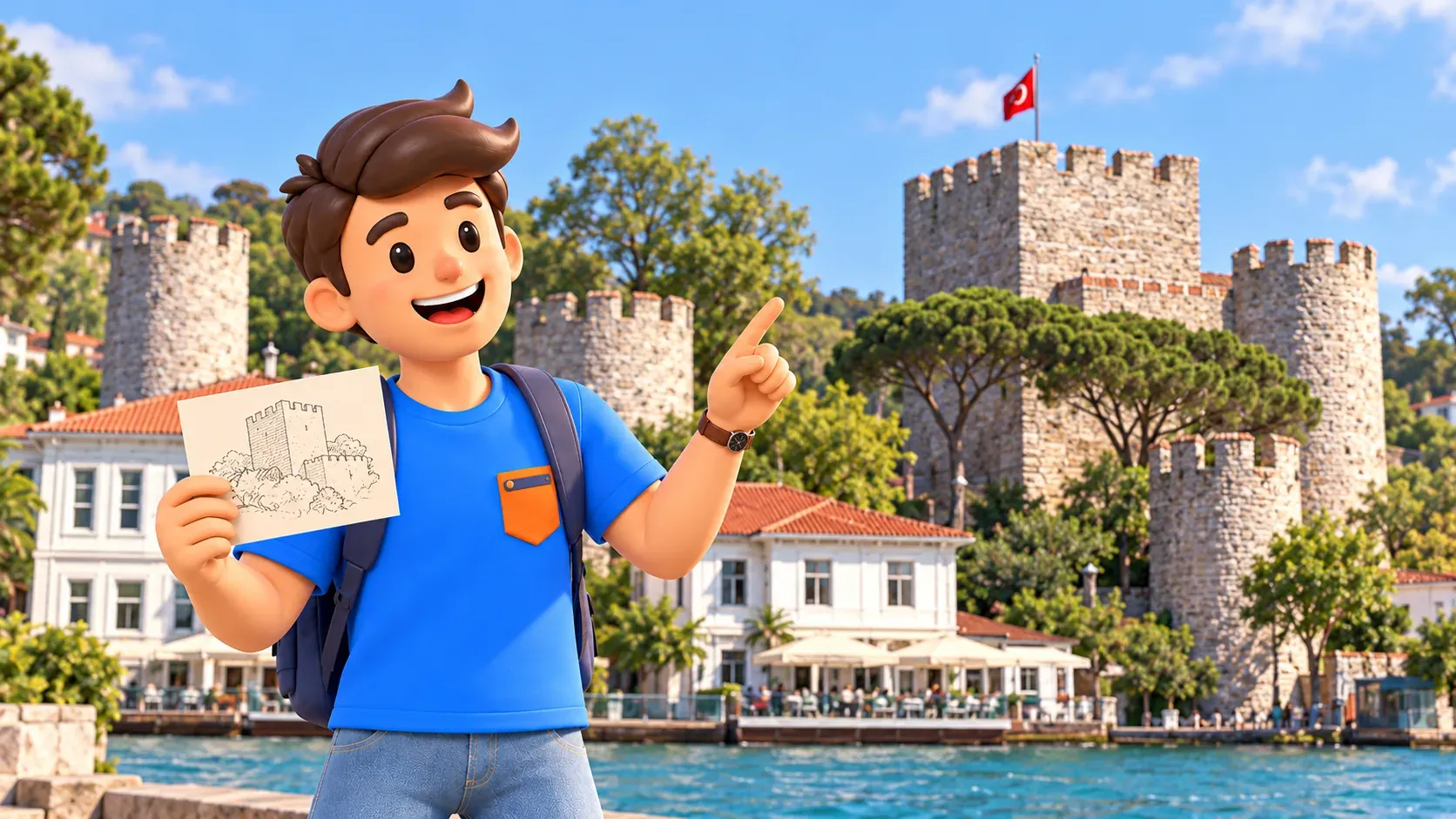 El personaje de RoadMe con un dibujo de torre ante Anadolu Hisarı