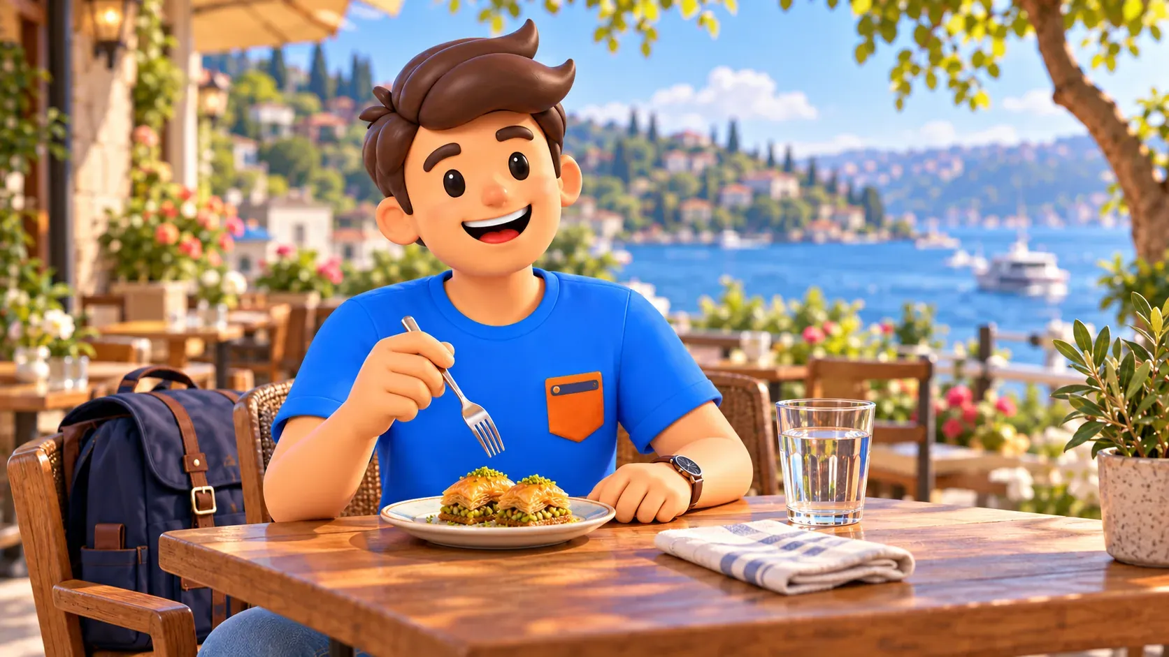 El personaje de RoadMe con un tenedor y baklava en una mesa de café