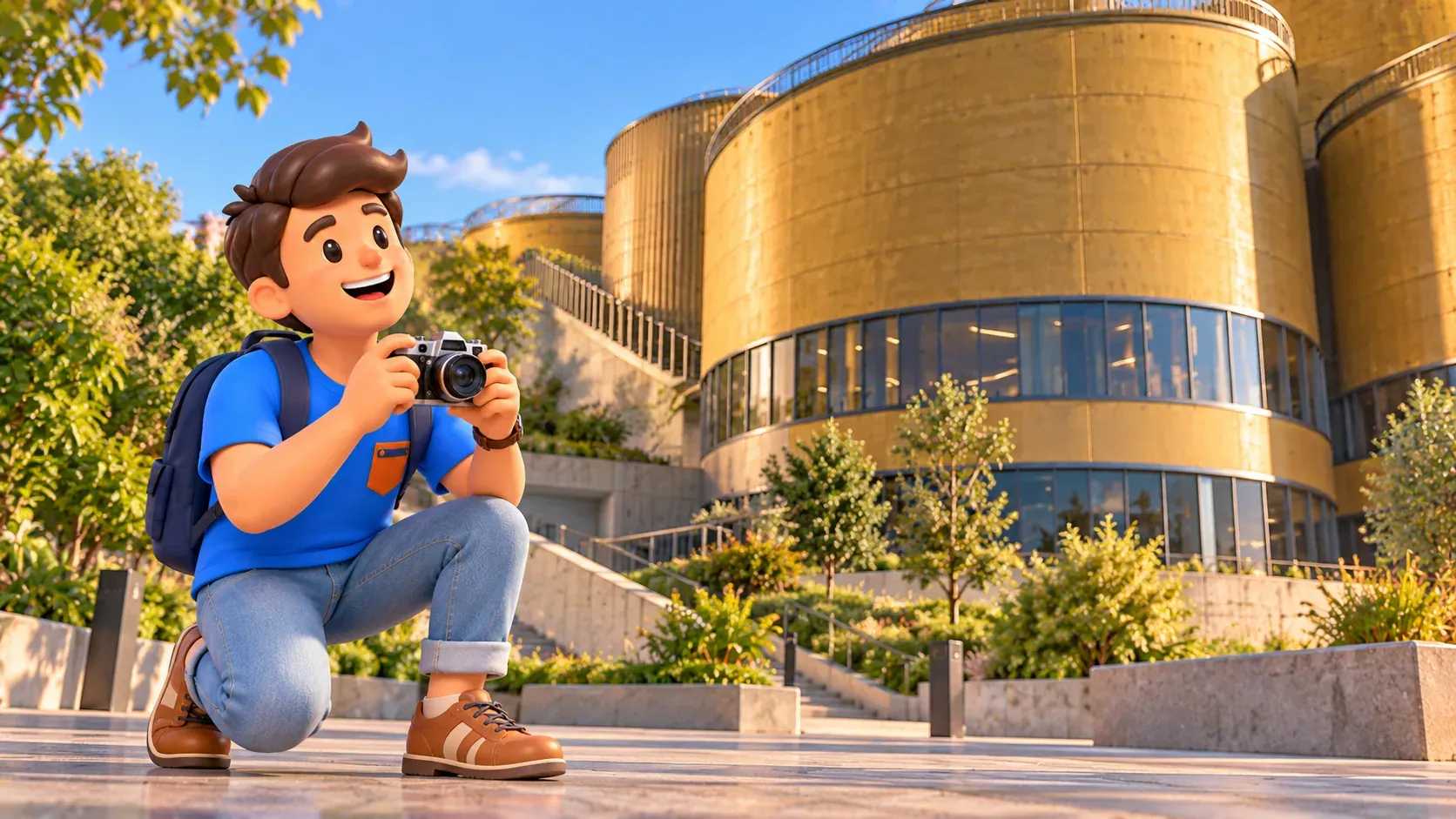 RoadMe character crouching with a camera beside the silos